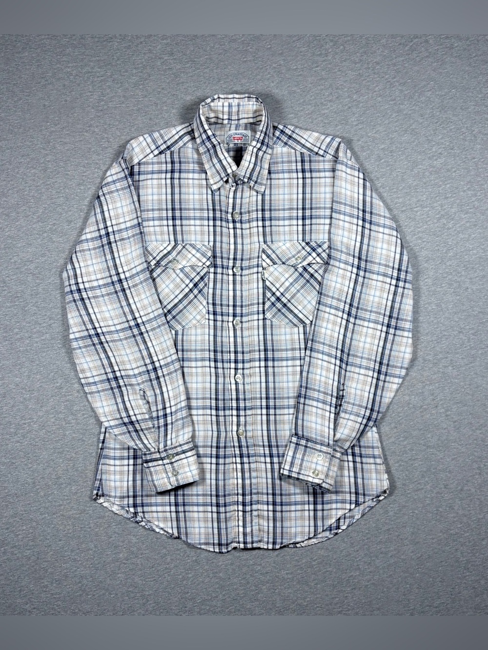 Vintage 70s Levis Button Up Shirt White Tab Western Plaid Men’s Medium USA